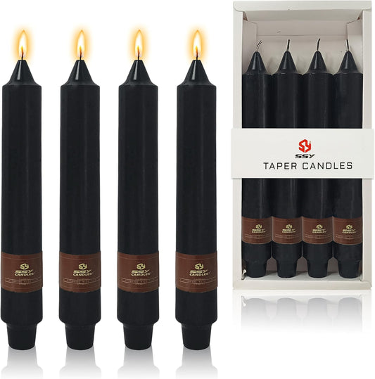 Black Halloween Taper Candles 4 Pack Hand-Poured 9 Inch Unscented Long Tapered Candles for Spooky Decor, Haunted Houses & Gothic Weddings - Clean Burning, Smokeless & Odorless