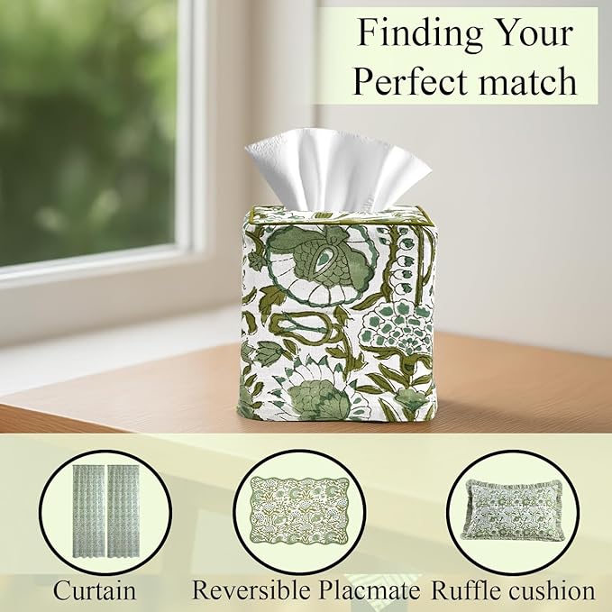 CPC Agate Green Hand Block Printed Cotton Tissue Box Cover 5" x 5" x 5.5" - Image 9
