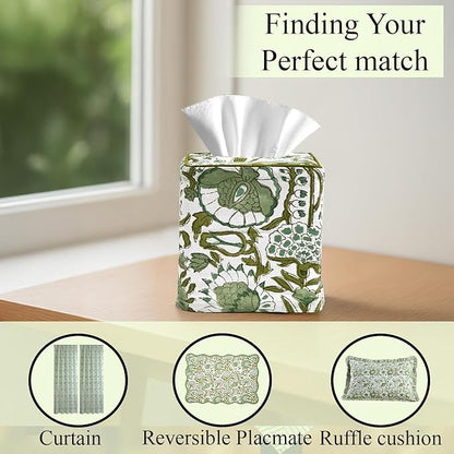 CPC Agate Green Hand Block Printed Cotton Tissue Box Cover 5" x 5" x 5.5" - Image 9