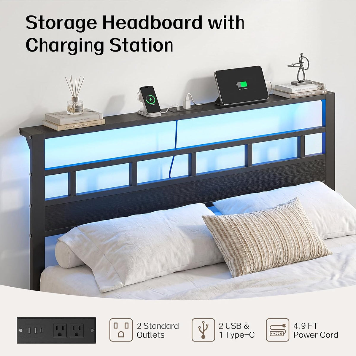 queen size bed frame with 2 storage drawers showing dimensions