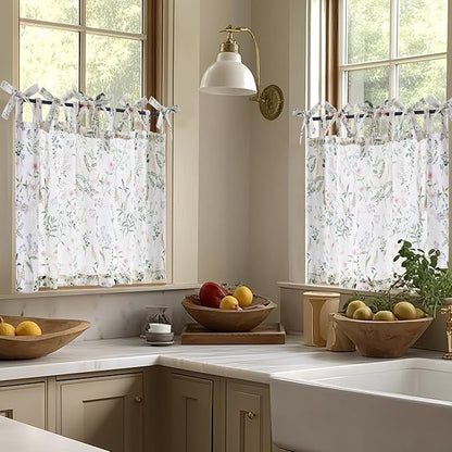jinchan Linen Kitchen Curtains Floral Printed Tier Curtains 36 Inch Length - Image 2