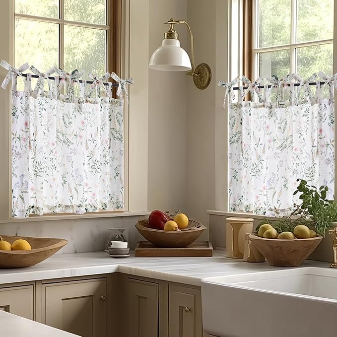 jinchan Linen Kitchen Curtains Floral Printed Tier Curtains 24 Inch Length - Image 2