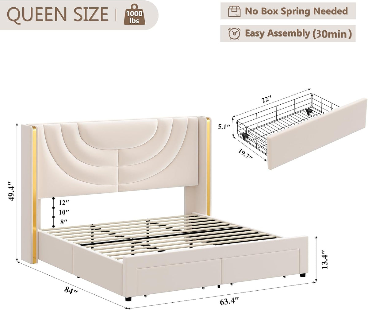 hithos queen upholstered platform bed frame, led storage shown in use