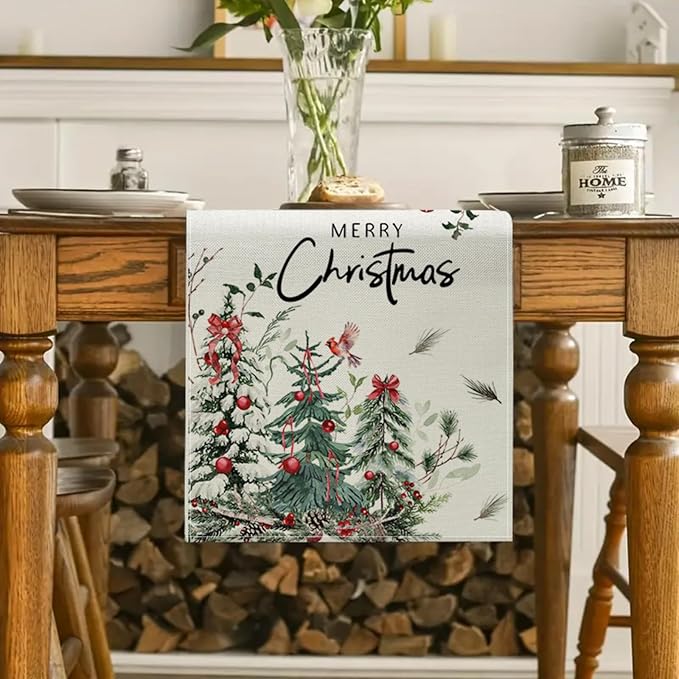 Christmas Trees Cardinal Table Runner 13x72 Inch Merry Christmas Red Bird Cedar - Image 2