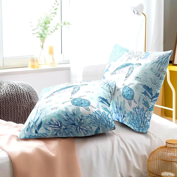 Set of 2 Sea Turtle Throw Pillow Cover 20x20 inch Nautical Coastal Ocean Coral - Image 6