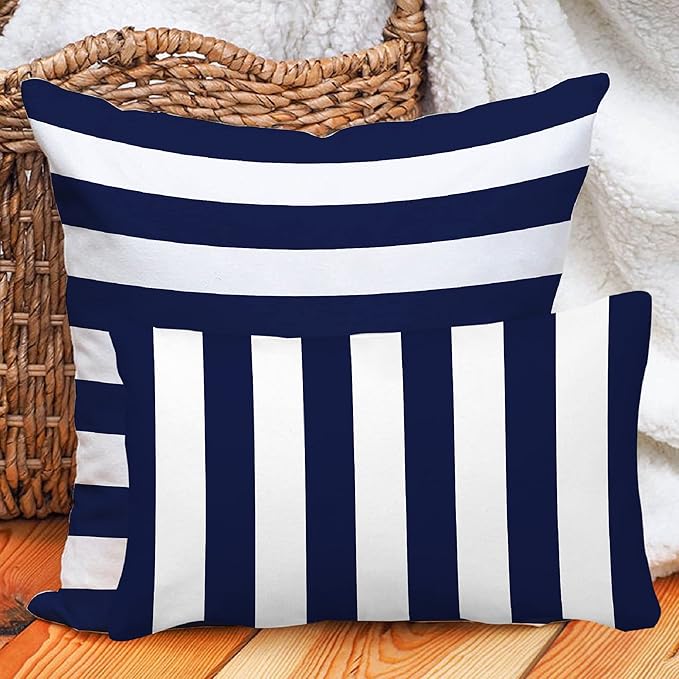 Leaveland Retro Navy Blue Stripe 12x20 Inch Set of 2 Cotton Polyester Square - Image 7