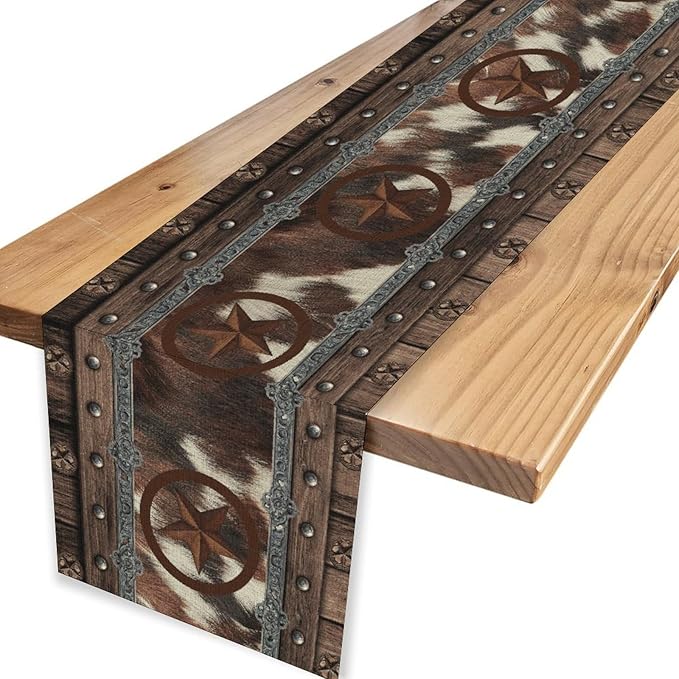Western Table Runner, Rustic Texas Star Brown Cow Print Skin Cowhide Farmhouse - Image 4