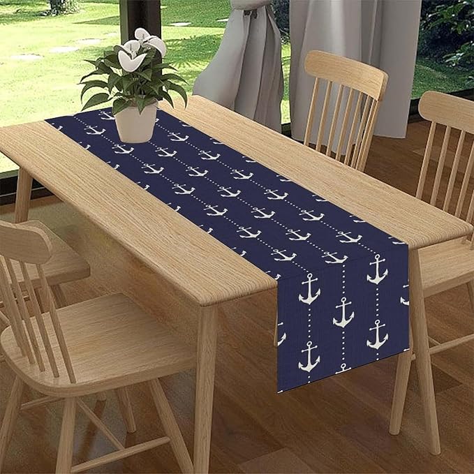 Anchor Table Runner, Nautical Navy Blue Retro Sailing Seasonal Anchor Print - Image 2
