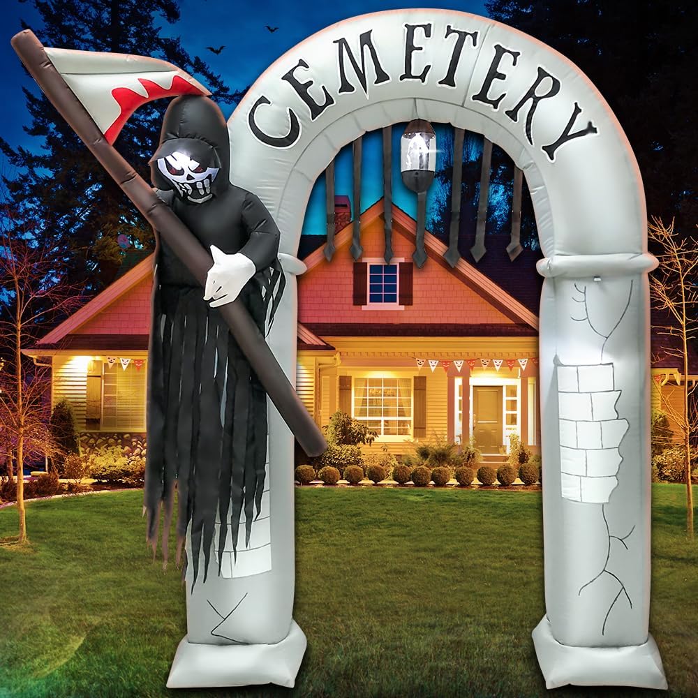 8FT Halloween Inflatables Archway Decoration with Led Light Spooky Scary Halloween Inflatables Grim Reaper Outdoor Decorations Blow up Inflatables for Halloween Holiday Party Lawn Yard Garden Décor