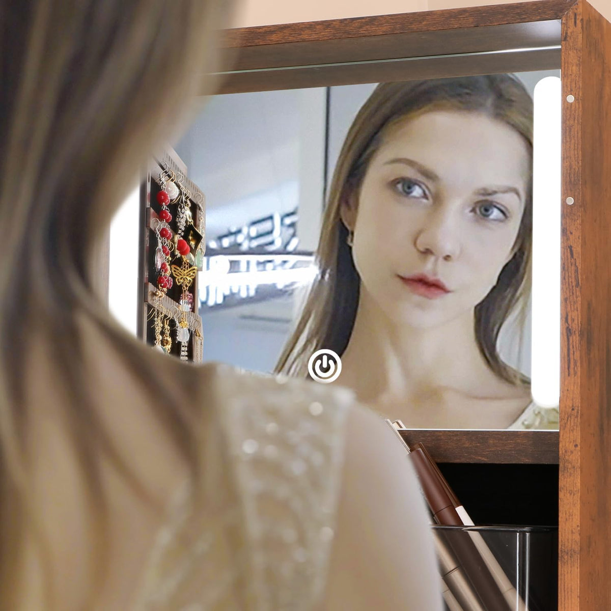 360° swivel full length mirror jewelry cabinet standing shown in use
