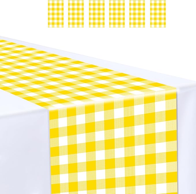 6 Pcs Yellow and White Checkered Table Runner Plastic 14 x 108 Disposable by MUNILAIL