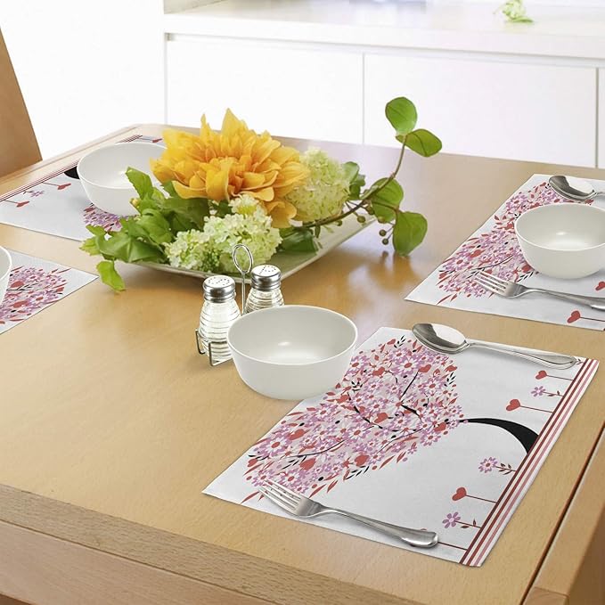 Ambesonne Valentine Place Mats Set of 4, Heart Shaped Tree Daisies Wildflowers - Image 4