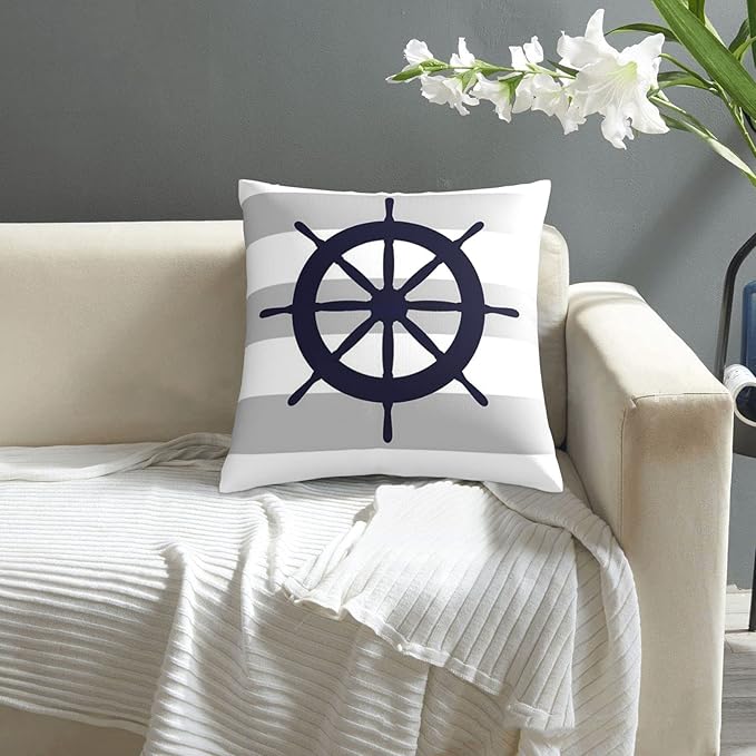 Myshe Square Nautical Navy Blue Ship's Steering Wheel On Silver Gray Stripes - Image 8