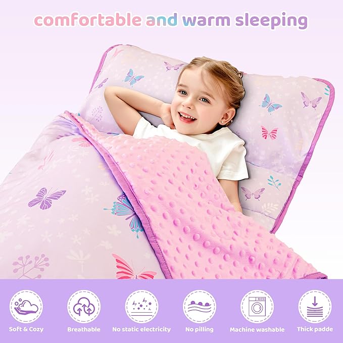 Viviland Toddler Kid Nap Mat for Preschool, Girls Purple Butterfly Slumber Bag - Image 6