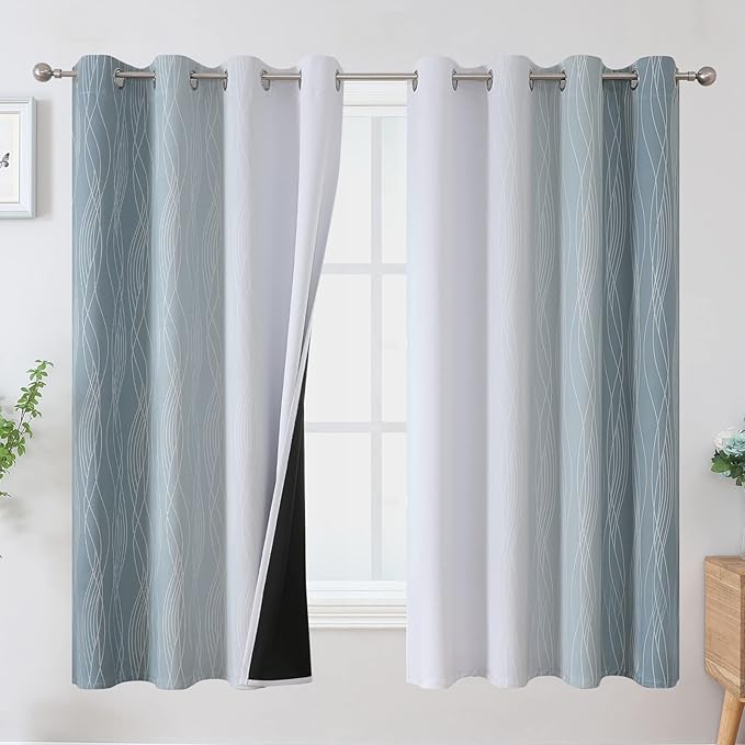 Estelar Textiler Stone Blue and Greyish White Blackout Curtains 63 Inch Length by ESTELARTEXTILER