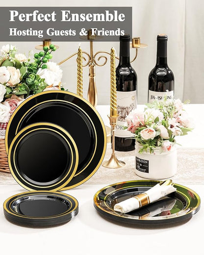200PCS Black Plastic Plates Set with Gold Rim, 100 10.25 inch Dinner Plates and 100 7.5 inch Dessert Plates, Premium Disposable Plates forfor Party, Wedding, Holiday,And Halloween