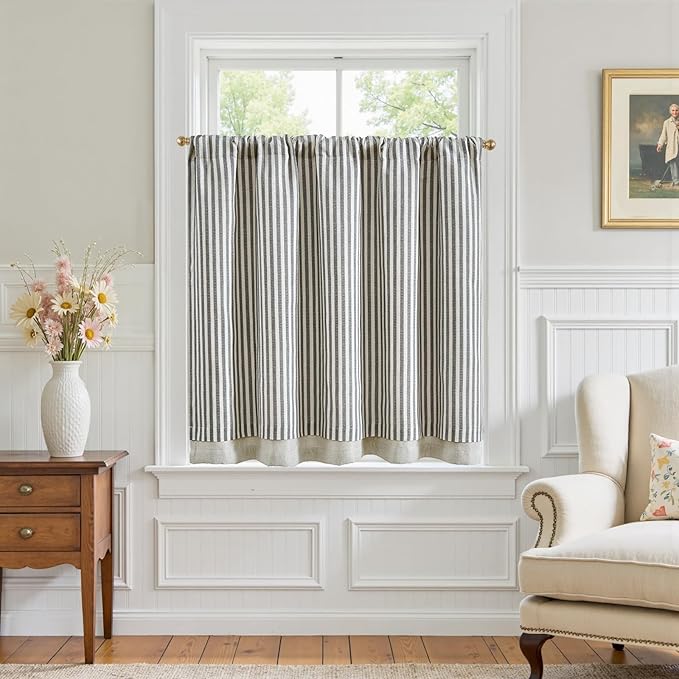 jinchan Double Layer Striped Linen Kitchen Tier Curtain Rustic Cafe by JINCHAN
