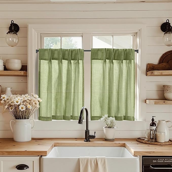 jinchan Linen Pinch Pleated Kitchen Curtains 36 Inch 2 Panels, Natural Linen by JINCHAN