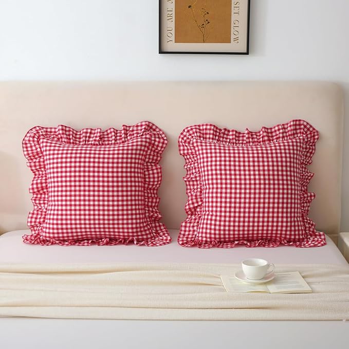 Red/White Checkered Ruffle Throw Pillow Covers Set of 2, Plaid Washed Cotton - Image 2