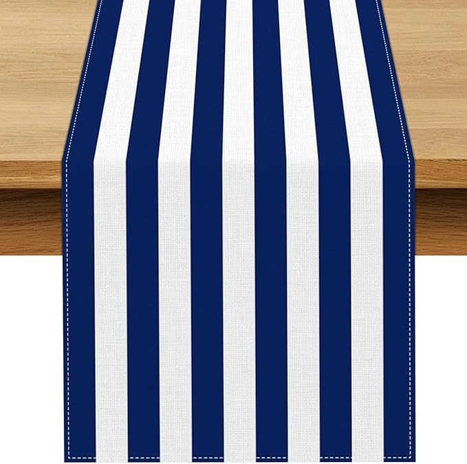 Navy Blue and White Striped Table Runner Nautical Theme Birthday Party by Buxiuer