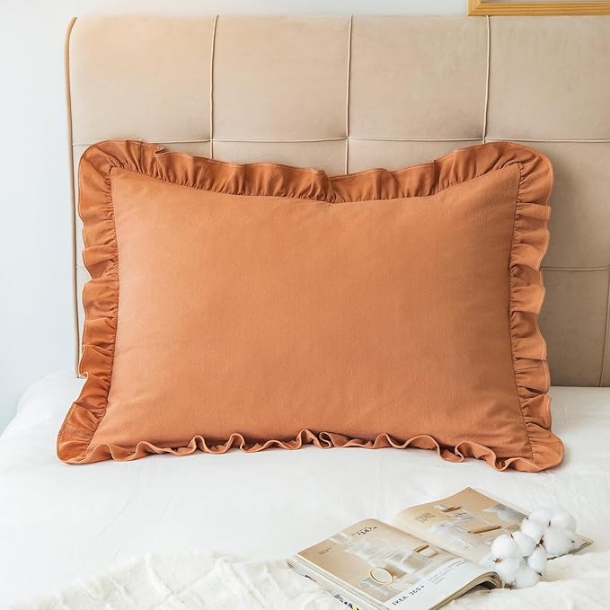 Pillow Shams Set of 2 Washed 100% Cotton Retro Ruffle Flounces Trim Solid Beige by GLORYSEASON