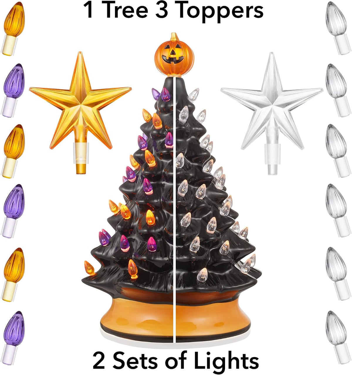 Casafield Hand-Painted Ceramic Halloween Tree, 15-Inch Pre-Lit Decoration with 128 Multi-Color Lights, Jack-O-Lantern and Star Toppers