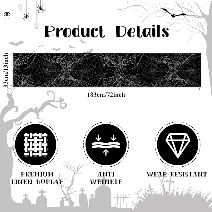 Happy Halloween Table Runner Horror Black Spider Web Kitchen Dining Table - Image 6