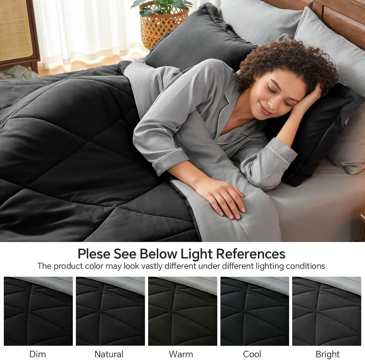 bedelite full comforter set 7 pieces, reversible black, package contents