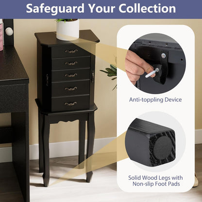 charmaid standing jewelry cabinet with 4 drawers, flip, front angle view