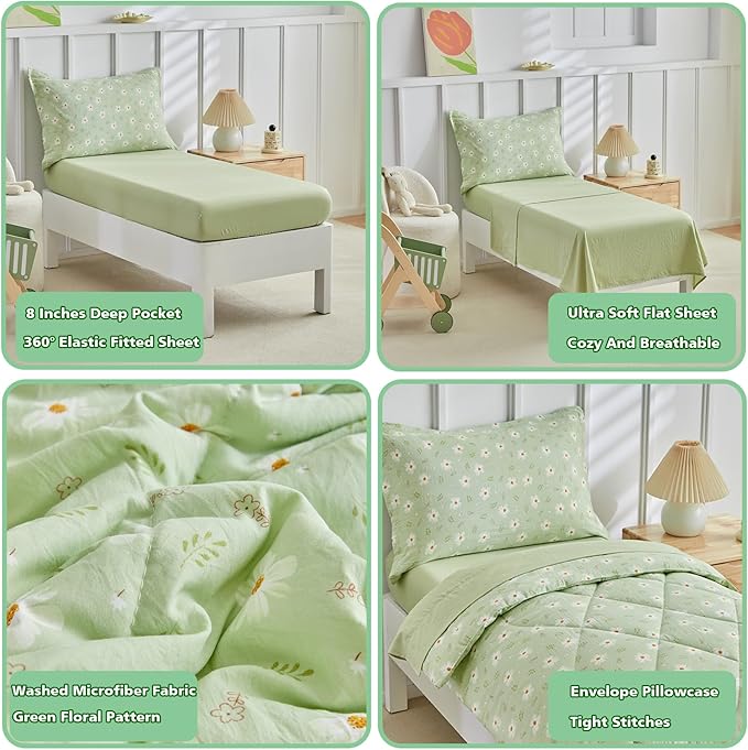 DuShow Green Floral Toddler Bedding Set, 4 Pieces Toddler Crib Bed Sheet Set - Image 4