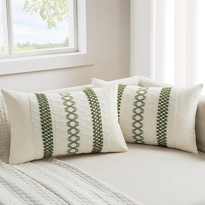 MIULEE Set of 2 Moss Green Boho Decorative Lumbar Pillow Covers 12x20 Inch by MIULEE
