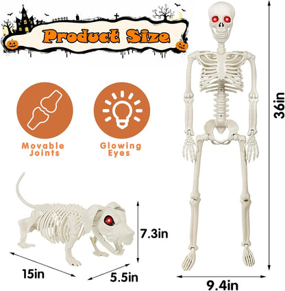 36'' Halloween Skeleton Decoration with Dog: Posable Skeleton Glowing Eyes