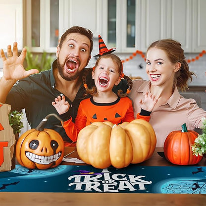 Happy Halloween Table Runner Blue Haunted House Ghost Witch Spider Web Bats - Image 4