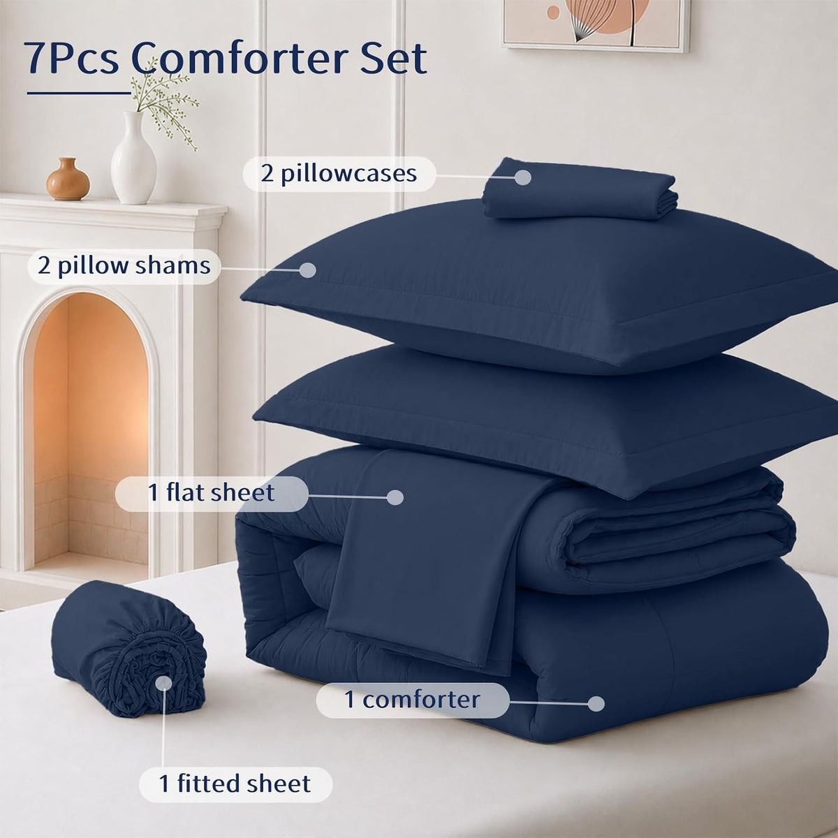 fuanna full size comforter sets 7 pcs, navy, front angle view