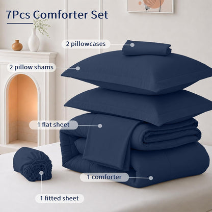fuanna full size comforter sets 7 pcs, navy, front angle view