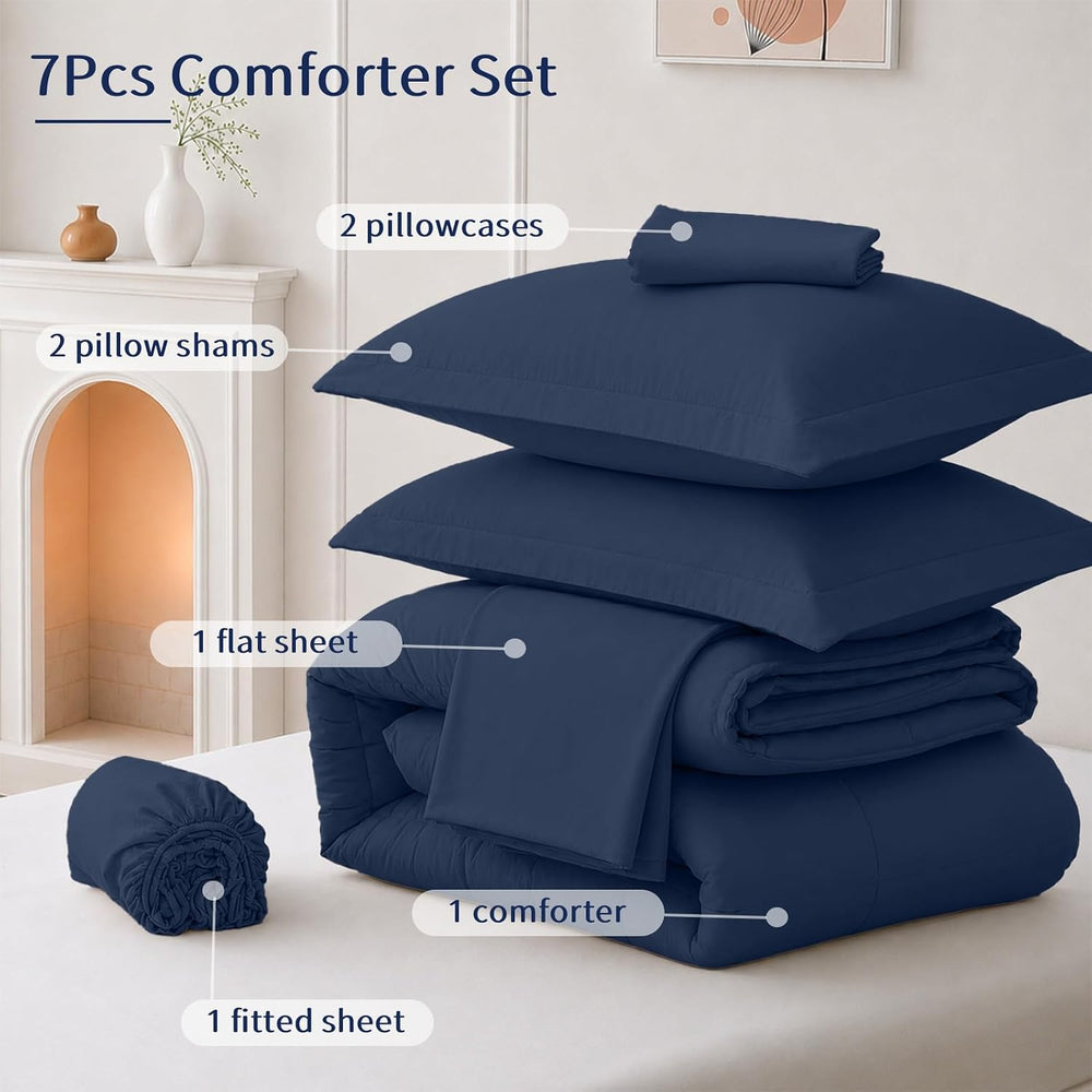 FUANNA King Size Comforter Set 7 PCS, Navy Blue Bed Set, Soft Bed in a Bag