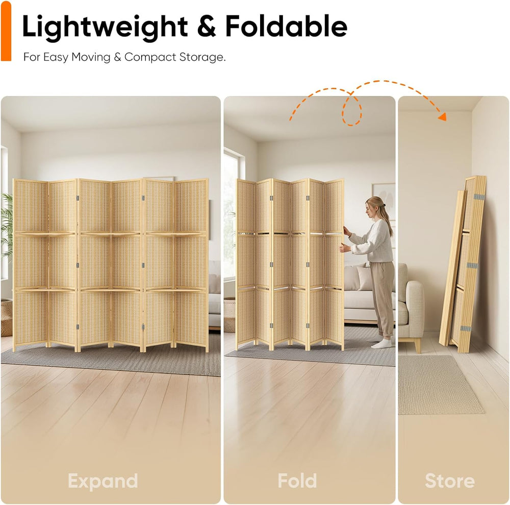 JOSTYLE Bamboo Room Divider with Shelves, 6-Panel Privacy Screen