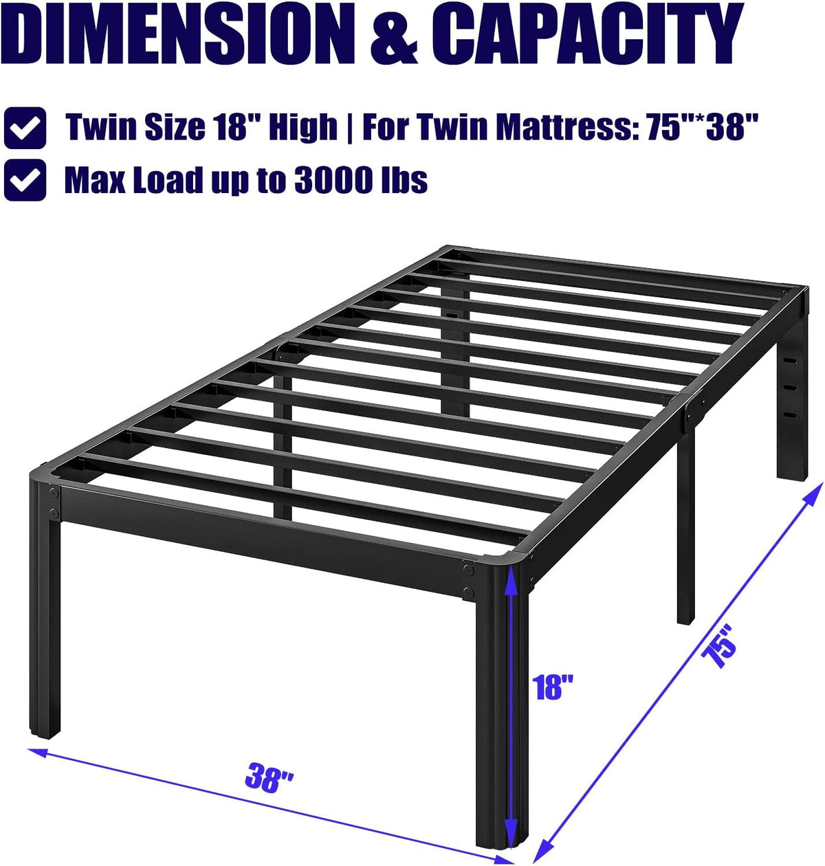 hunlostten 18in heavy duty twin bed frame no, close-up detail
