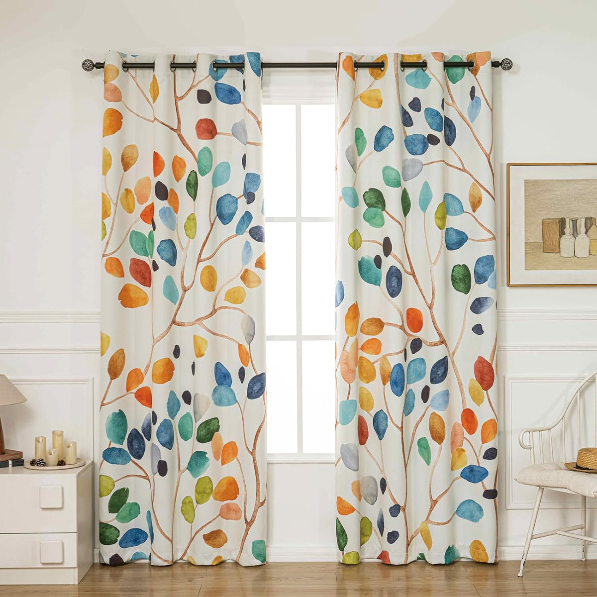 boho colorful leaf floral blackout curtains, watercolor bohemian, main product view