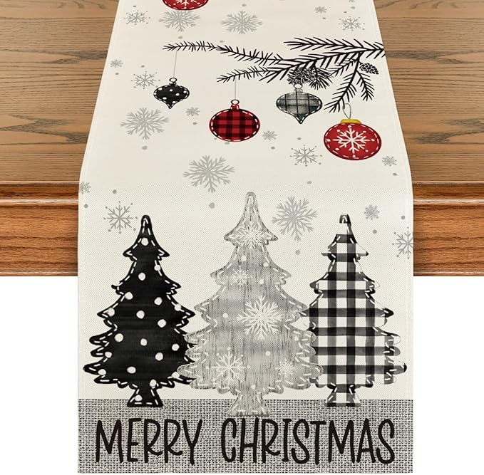 Artoid Mode Grey Pine Trees Snowflake Merry Christmas Table Runner, Winter Xmas by ArtoidMode