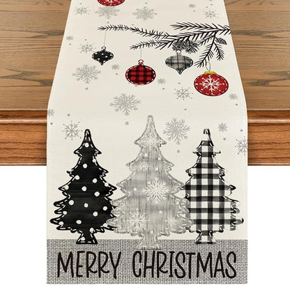 Artoid Mode Grey Pine Trees Snowflake Merry Christmas Table Runner, Winter Xmas by ArtoidMode