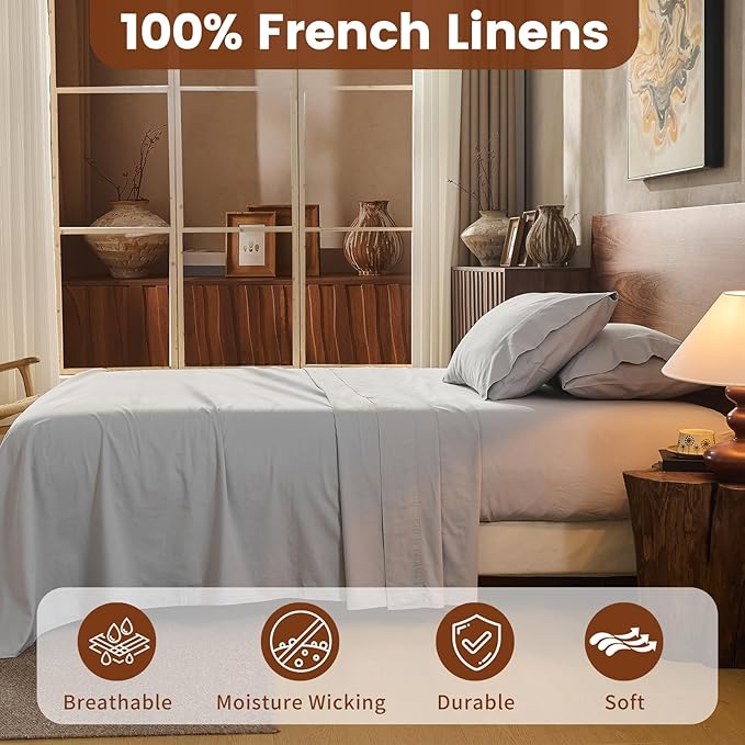 100% Linen Sheets King Size, Breathable & Durable 4-Piece Bed Flax Sheet Set - Image 2