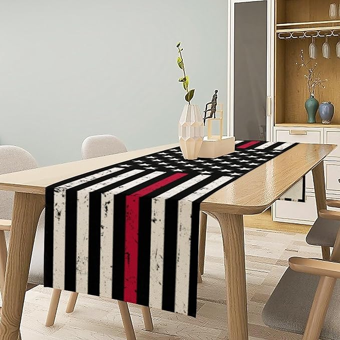 Red Line Black Table Runner July 4th Rustic American Firefighter USA Flag - Image 2