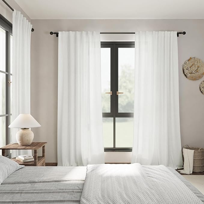 Off White Linen Curtains 96 Inches Long 2 Panels Set Back Tab Rod Pocket Semi - Image 7