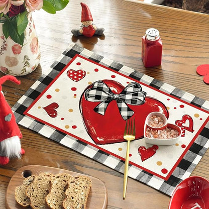 Artoid Mode Buffalo Plaid Red Heart Valentine Placemats Set of 4, 12x18 Inch - Image 2