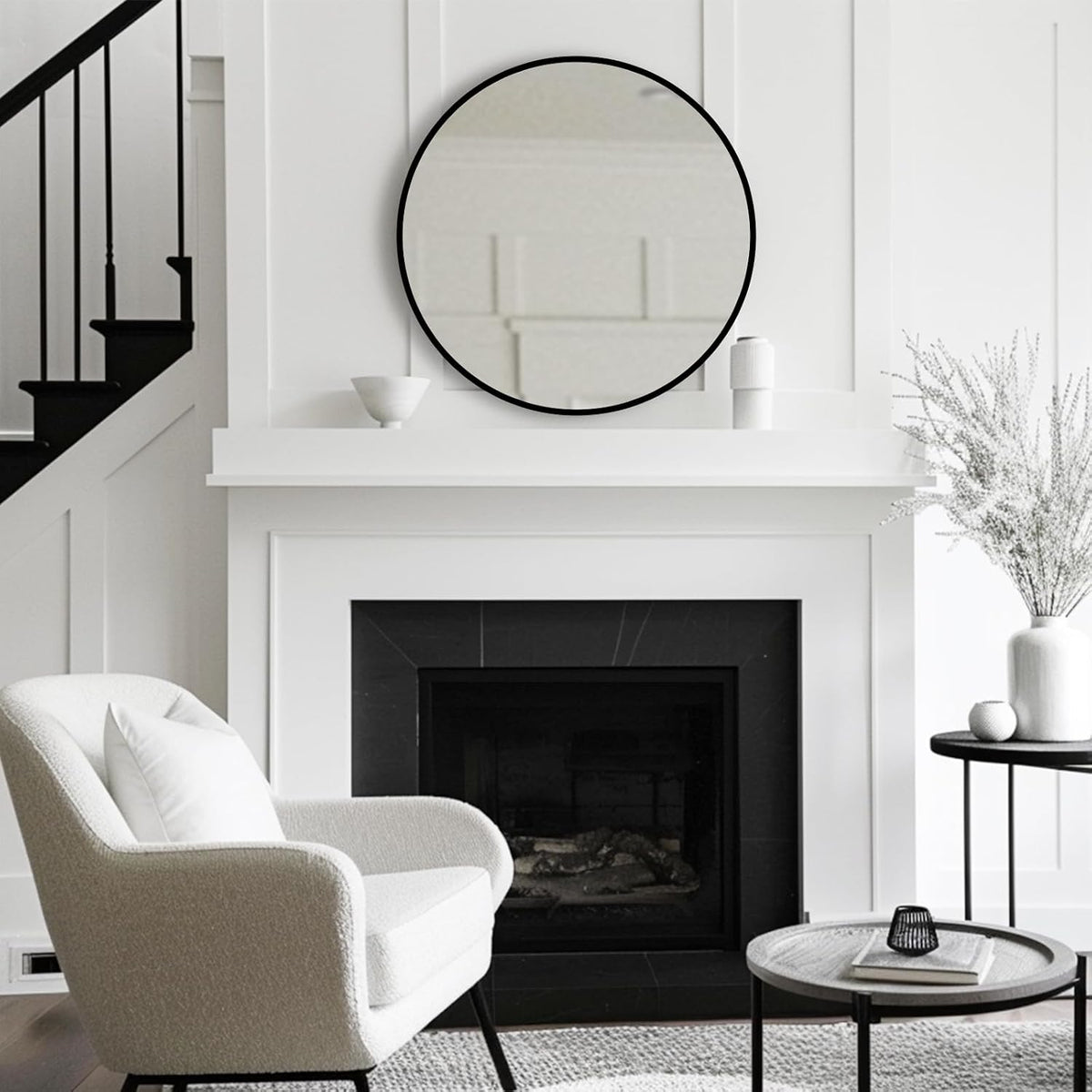 round mirror 30 inch, circle black mirror, matte showing dimensions