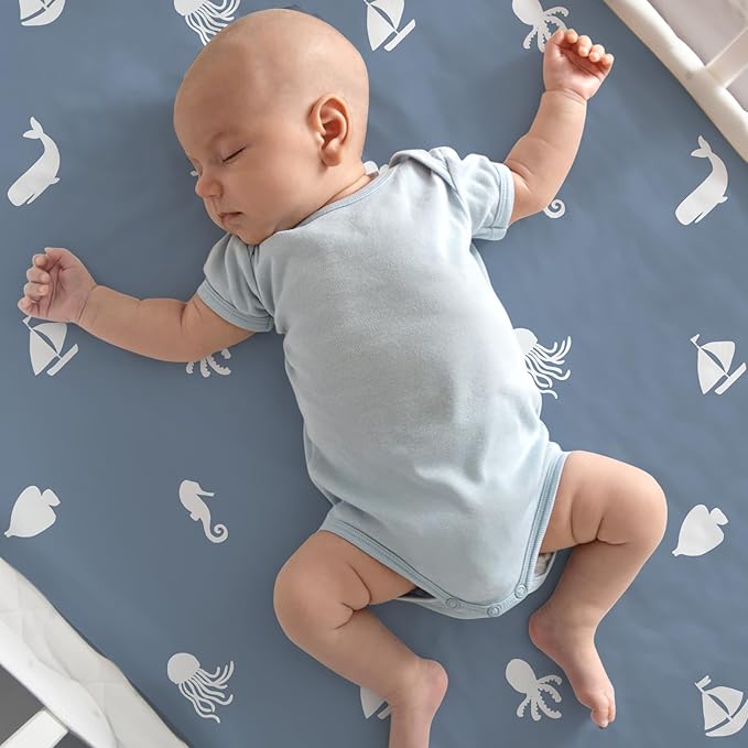 Nap Mat Sheet 47"x24", 3 Pack Blue Ocean Sailor Baby Crib Sheets Fitted Elastic - Image 5