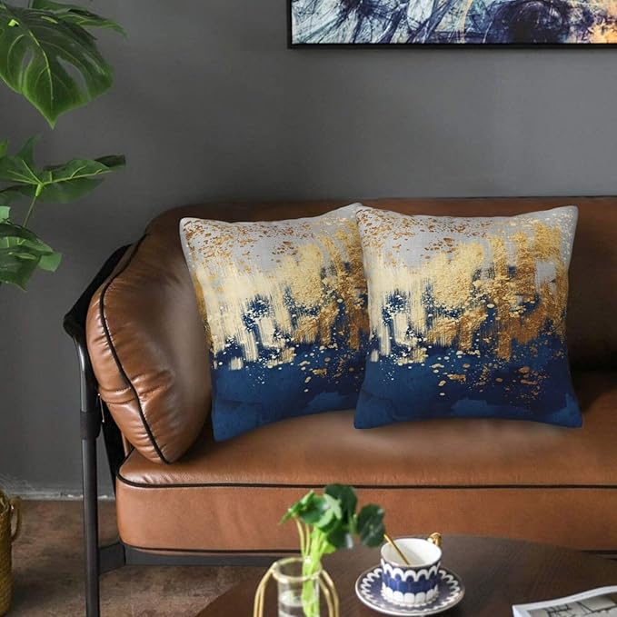 Navy Blue and Gold Pillow Covers 18 x 18 inch Set of 2 Decorative Cushion - Image 3