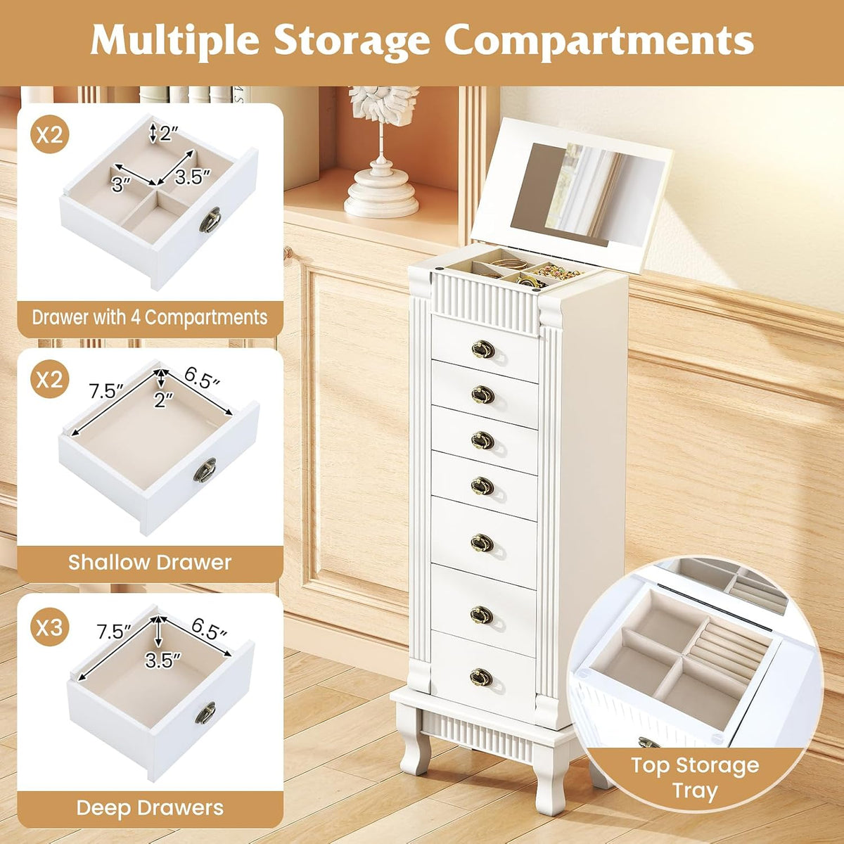 giantex standing jewelry cabinet with 7 drawers, flip-top showing dimensions