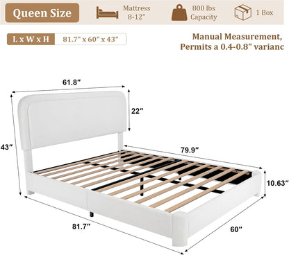 vipbear boucle queen size bed frame with adjustable shown in use